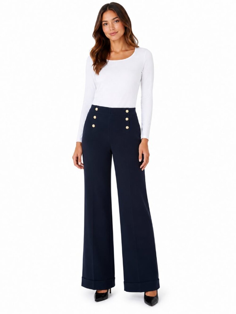 VIVIENNE TAM Navy Nautical Sailor Wide Leg Button Pants Side Zip Women's 6